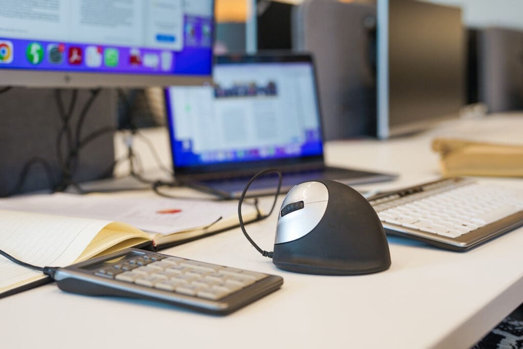 Ergonomic mouse and other desk equipment.