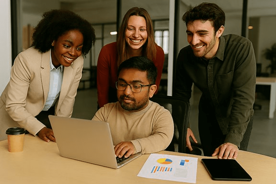 a South Asian person of short stature seated at a desk working in an office environment with 3 smiling colleagues. Example image created from prompt above.