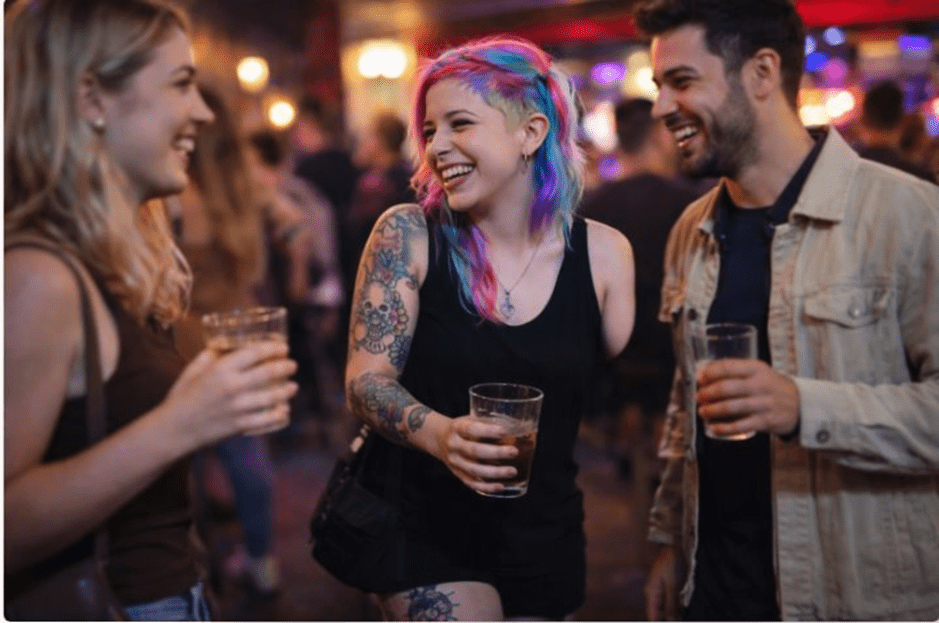 Image of 3 uni students with drinks socialising. The person in the middle has an upper limb difference, bright coloured hair and tattoos.