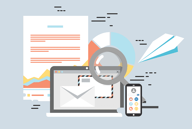 A graphic showing a letter, laptop, mobile phone, paper plane and magnifying glass.