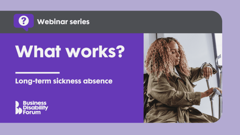Banner image showing a girl on crutch to the right and the Webinar topic, Long-term sickness absence as a header to the left