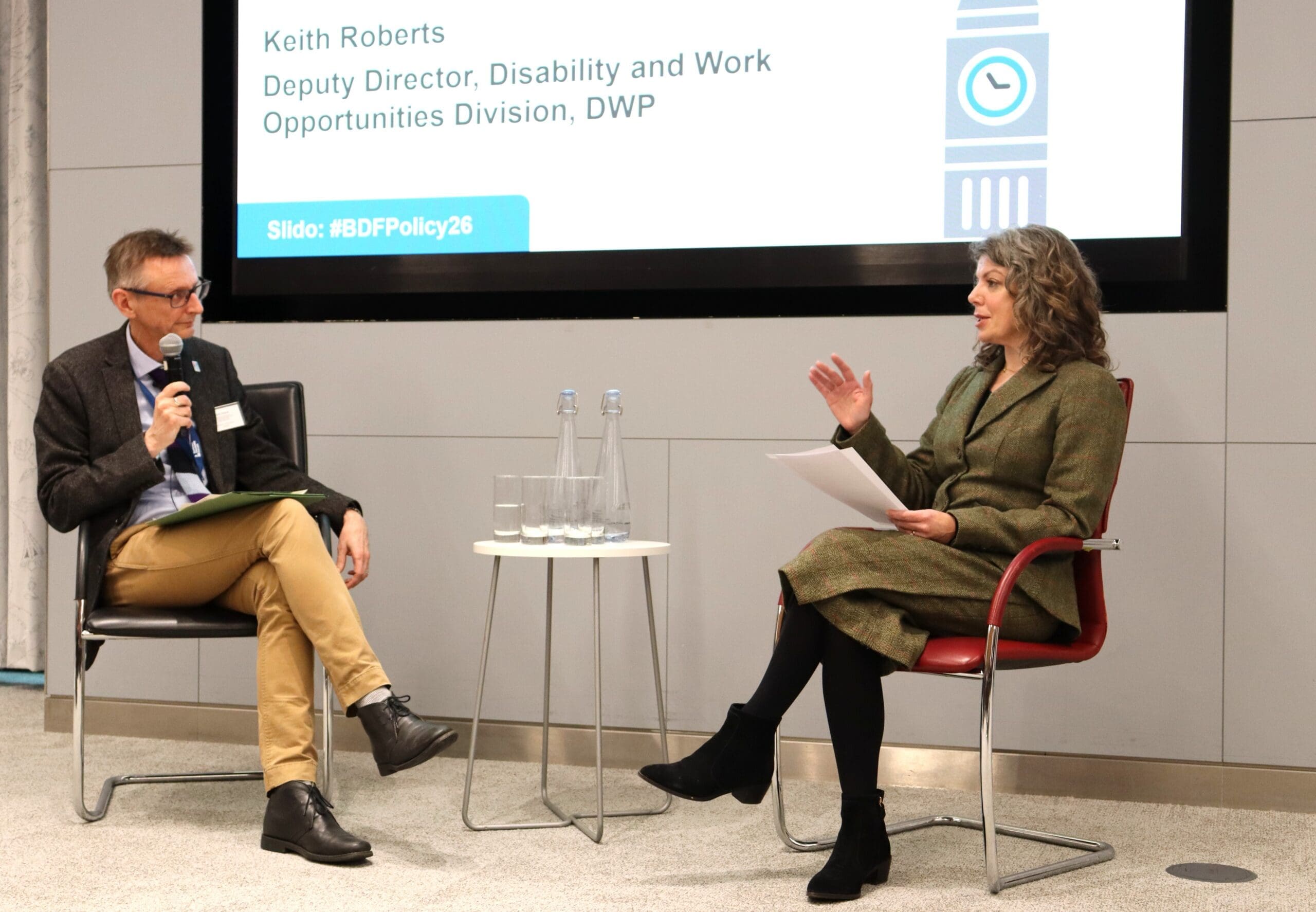 A conversation between Keith Roberts, the Deputy Director of Disability and Work Opportunities Division, and Diane Lightfoot, the CEO of Business Disability Forum, held at a BDF event.