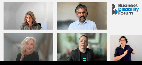 Screenshot of 4 panel members taking part in the online conference. A BSL interpreter signs in the bottom righthand corner.